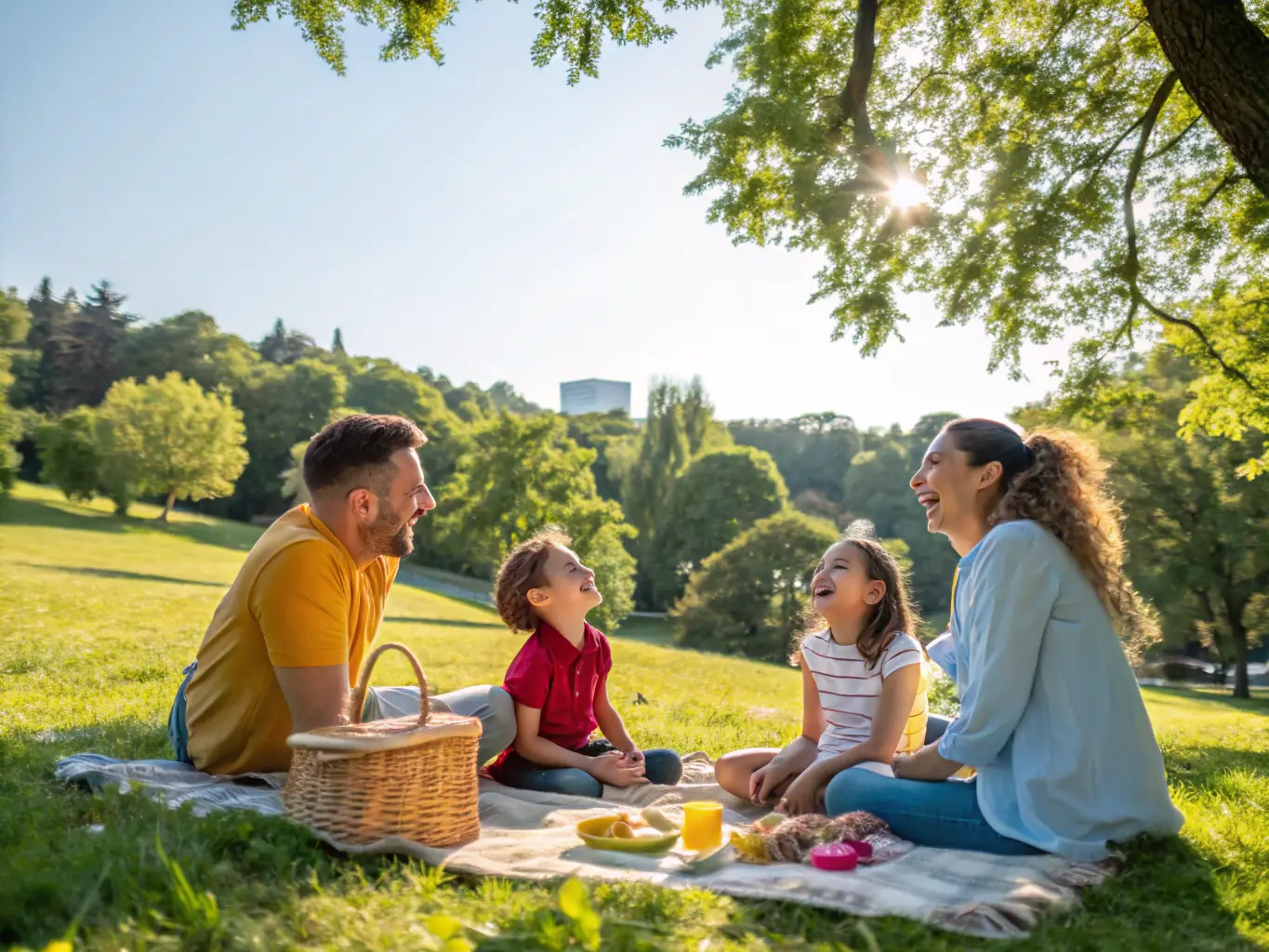 A family standing together, smiling, with a subtle background suggesting financial security and a bright future. The image should evoke feelings of protection and long-term planning.