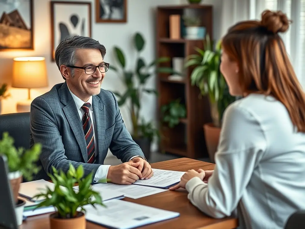 A professional insurance advisor is sitting at his desk, reviewing documents and discussing insurance options with a client in a modern office setting. The scene conveys trust, expertise, and personalized service.