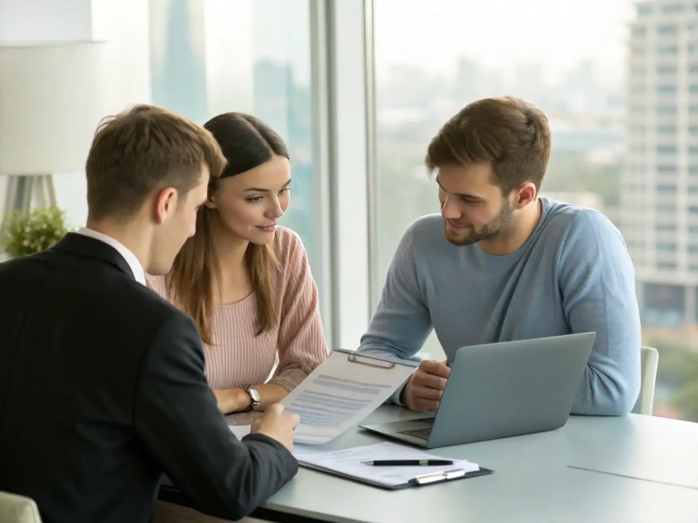 A friendly insurance advisor sitting at a desk, reviewing documents with a young couple in a modern office setting. The scene conveys trust, expertise, and personalized service.