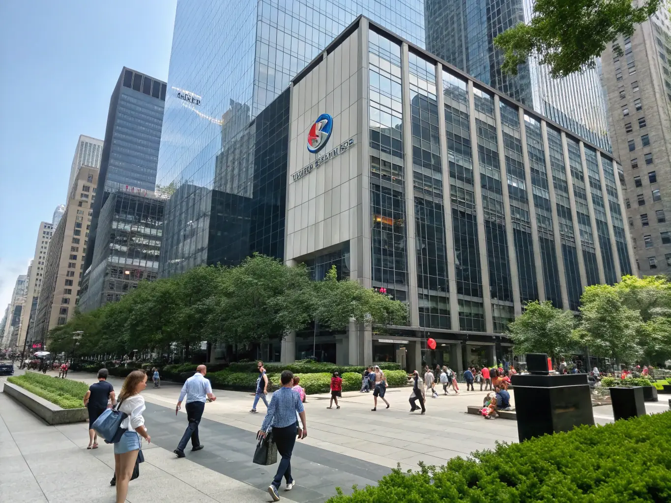 A modern office building with a company logo, representing commercial insurance coverage. The image should convey stability, security, and comprehensive protection for businesses.
